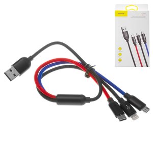 USB кабель Baseus Three Primary Colors, USB тип C, USB тип A, micro USB тип B, Lightning, 30 см, 3,5 А, черный, передача данных только на Lightning, в нейлоновой оплетке, 3 в 1, #CAMLT ASY01