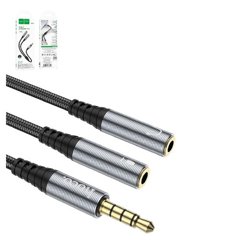 AUX кабель Hoco UPA21, TRS 3.5 мм, TRRS 3.5 мм, 25 см, сірий, для навушників, в нейлоновому обплетенні, male to 2 female, #6931474766809