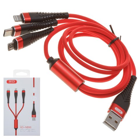Universal USB Cable XO NB50, nylon braided, 3 in 1,  for phone charging , red, USB type C, micro USB type B, Lightning, 2.4 A 