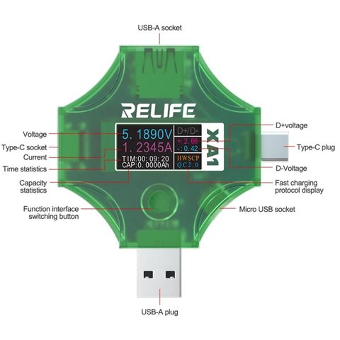 Probador USB RELIFE XA1 , USB tipo A, USB tipo C
