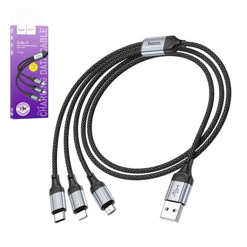 USB Cable Hoco X102, USB type A, USB type C, micro USB type B, Lightning, 100 cm, 2.4 A, black, nylon braided, 3 in 1  #5942007608794